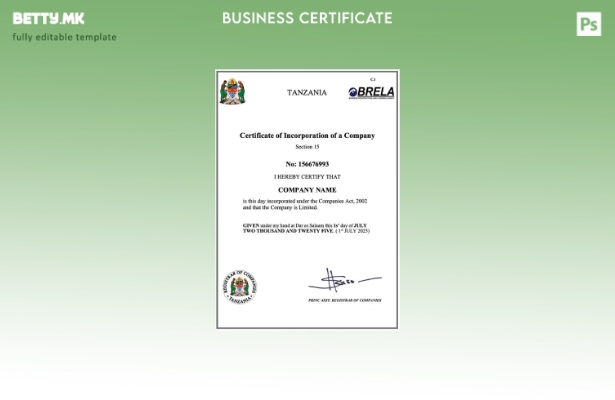 Модерен стил Танзија сертификат за основање компанија Шаблон за Word и PDF